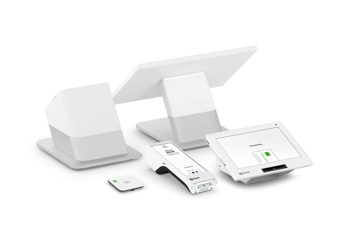 Clover Duo, Mini, Flex, and Go devices with a receipt printer
